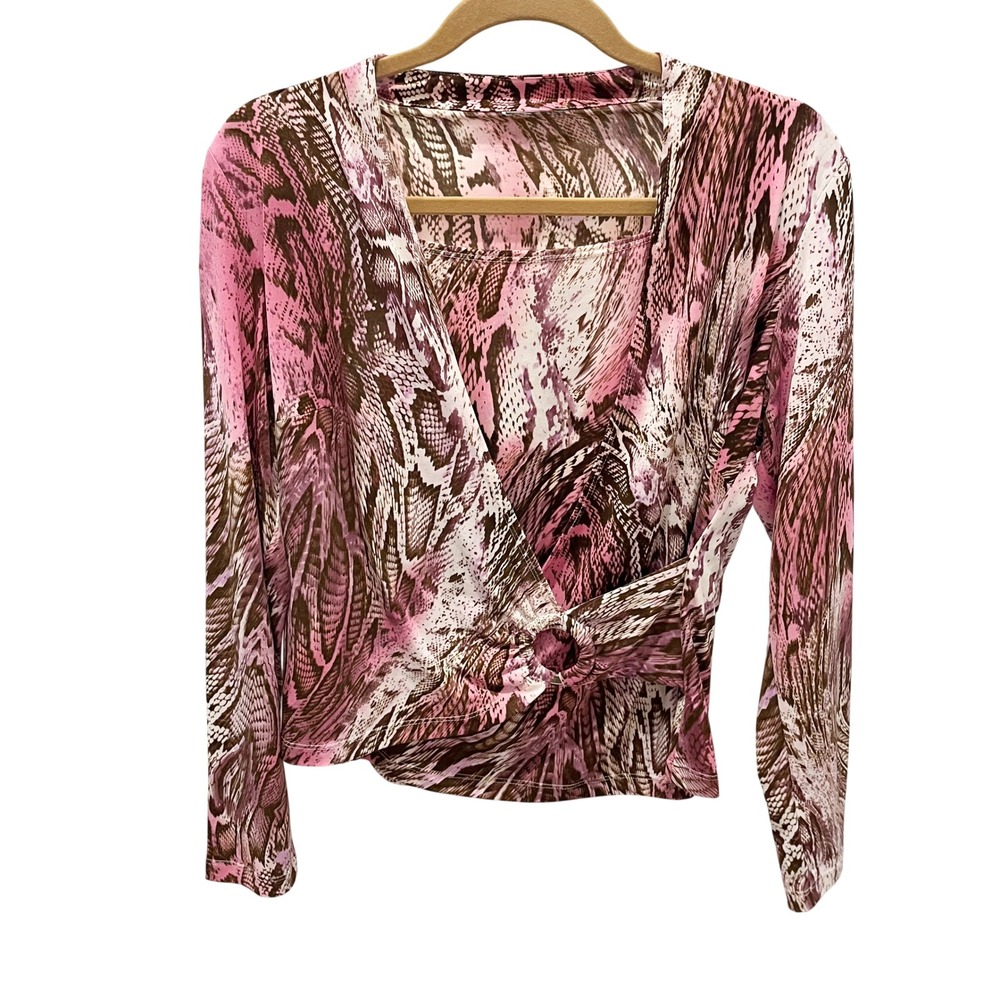Y2K Pink Snakeskin Print Faux Wrap Top O-Ring Detail Long Sleeve V-Neck Blouse